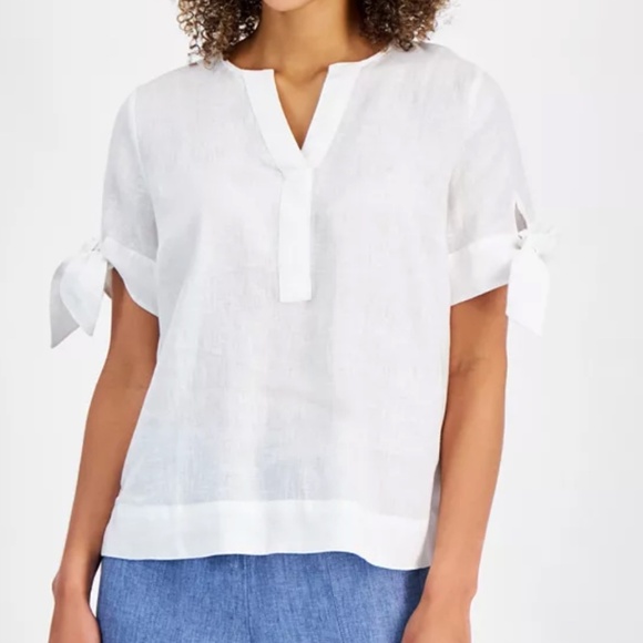 Charter Club White Linen Split-Neck Top with Tie Cuffs – Size Large - Picture 1 of 10